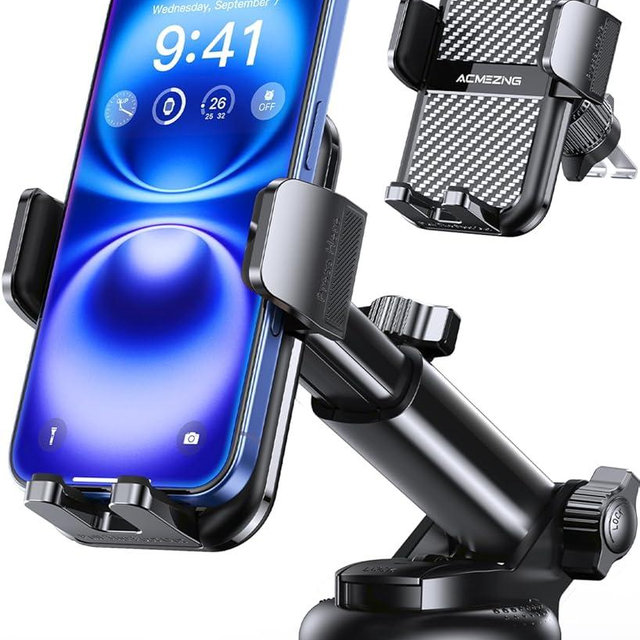 ACMEZING 3-in-1 Car Phone Holder [122+LBS Strongest Suction & Stable Clamp Arm] 360° Adjustable Mount, Cell Phone Holders for Your All Car Models for Dashboard Vent, All Smartphones, Black