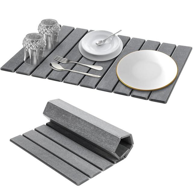 DomiViStar Large Foldable Stone Dish Drying Mat,24"×16",Heat-resistant Mat for Kitchen Counter,Instant Drying,Fast Dry Pad for Utensils,Pots and Bottles,Diatomaceous Earth Mats,DarkGray