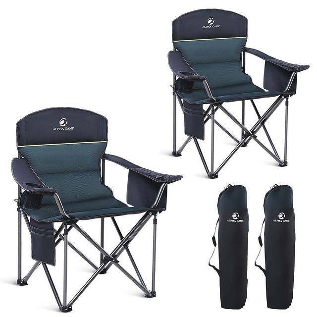 HIGH POINT SPORTS Oversized Camping Folding Chair, Heavy Duty Portable Outdoor Chair, Foldable Camp Chair with Cup Holder and Cooler Bag Support 450 LBS, 2 Pack, Green