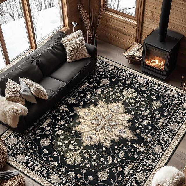 RELEANY Area Rugs 9'x12' Washable Non-Slip, Floral Vintage Distress Print Pattern Medallion Carpet for Living Room Bedroom Dining Room, Black Brown Neutral