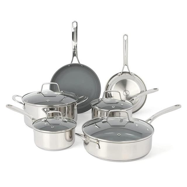 Martha Stewart Delaroux 10 Piece Stainless Steel Cookware Set w/PFAs Free Premium Nonstick Ceramic Interior
