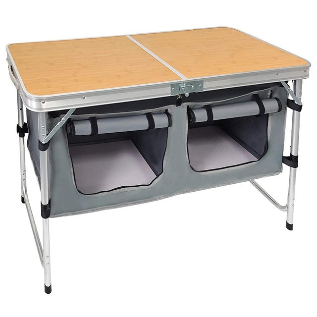 CampLand Outdoor Folding Table Aluminum Lightweight Height Adjustable with Storage Organizer for BBQ, Party, Camping (Bamboo)