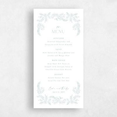 Soft Teal, White Wedding Menu - Petalo