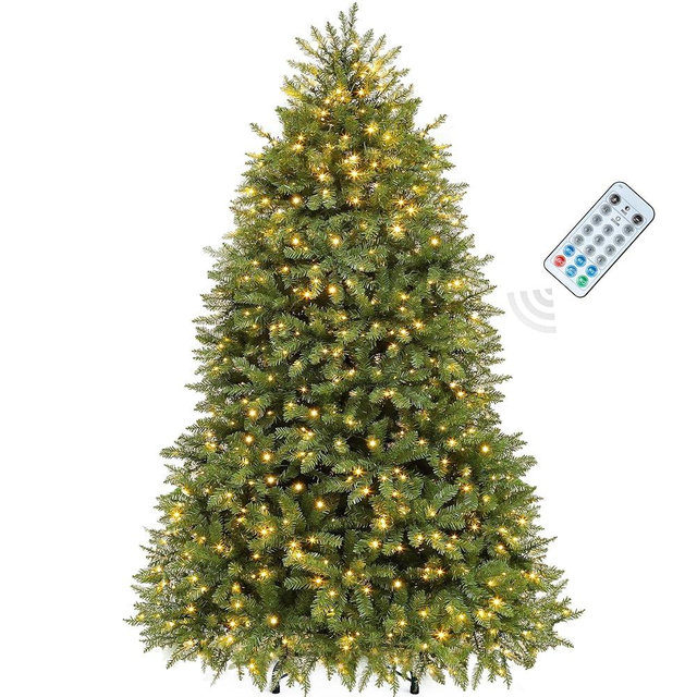 YITAHOME Prelit Artificial Christmas Tree, 7.5ft Pre-Lit Christmas Tree with 11 Light-Modes, Includes Stand, Green Bell