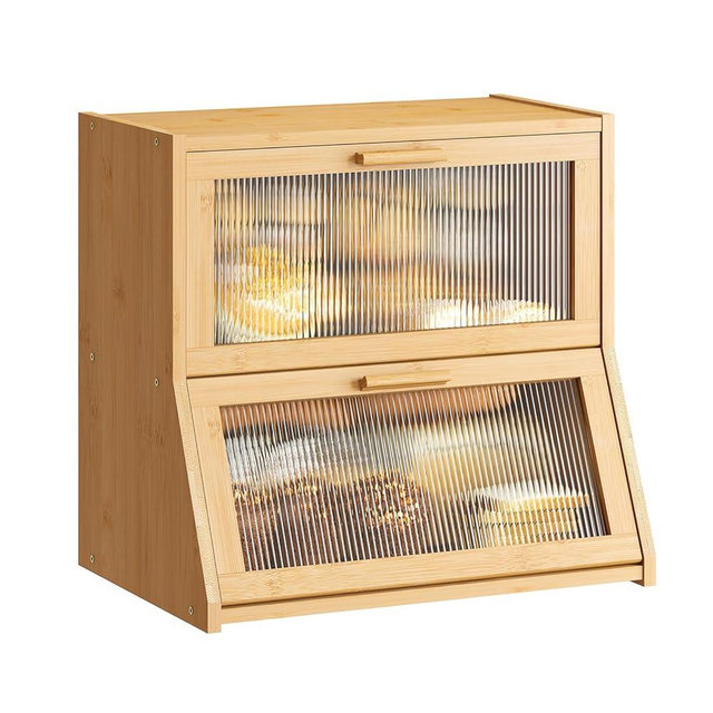 GHWIE Double Layer Bamboo Bread Box for Kitchen Counter,Large Capacity Bread Storage Bin,Bread Container with Acrylic Wavy Door Panel (Natural, Extra Large)