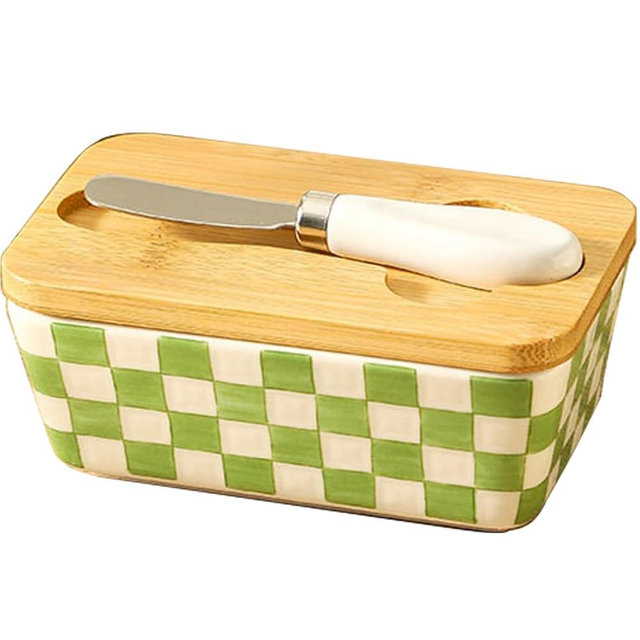 Ceramic Checkered Butter Keeper Holder Jar for Fresh Spreadable Butter, Orkim Le Creuset Water Seal Butter Crock Cup Holder with Lid and Knife for Countertop, Butter Dish Saver Bowls