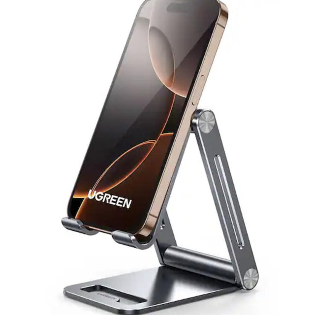 UGREEN - Aluminum Cell Phone Stand, Fully Adjustable Foldable Desktop Phone Holder Compatible with iPhone 17/16/15/14/13/12 - Silver
