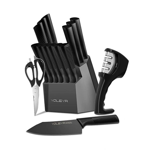 YOLEYA 15 Piece Kitchen Steel Knife Set with Block and Non Stick