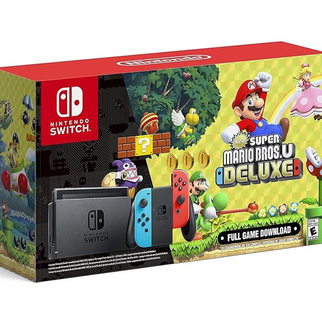 Nintendo Switch with Neon Blue and Neon Red Joy‑Con + New Super Mario Bros. U Deluxe (Full Game Download) - Switch Console (Renewed)
