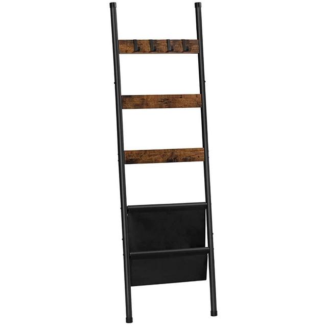 HOOBRO Blanket Ladder, 5 Tier Ladder Shelf, Wall-Leaning Blanket Rack with 4 Removable Hooks and Storage Pocket, Towel Drying and Display Rack for Bathroom, Bedroom, Rustic Brown BF32CJ01