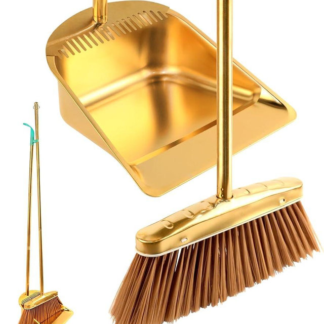 Gold Stainless Steel Broom and Dustpan Set, 2-Piece Long Handle Standing Pan with Comb Teeth, Heavy Duty Windproof Upright Design for Home, Kitchen, Indoor Outdoor Use