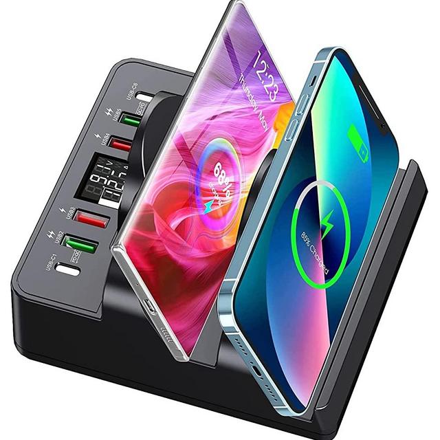 Wireless Charging Station with USB Ports, 8 in 1 Dual 15W Wireless Charger Station, 2 QC/2 PD USB Fast Charging Station, 80W Phone charger for iPhone14/13/12/11/X/Xr/Xs/8/Samsung/Android/iWatch/AirPod
