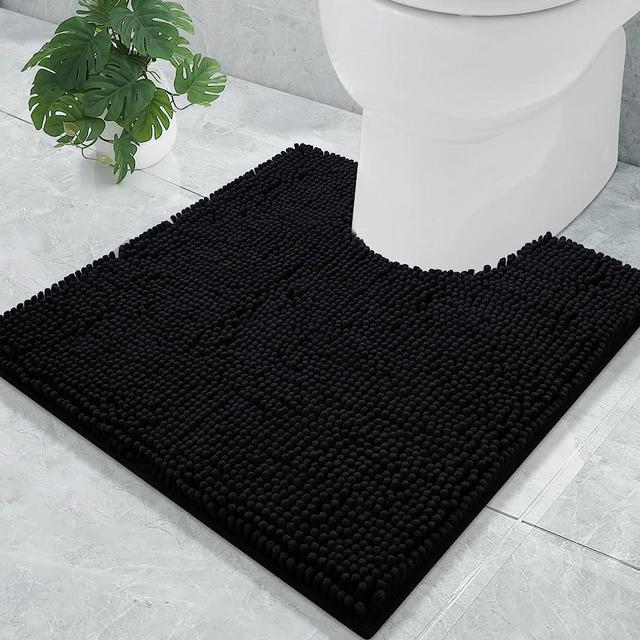 smiry Chenille U-Shaped Toilet Bathroom Rugs, Soft Absorbent Non-Slip Contoured Rugs, Machine Washable Contour Bath Mats for Bathroom Toilet, 20" x 20", Black