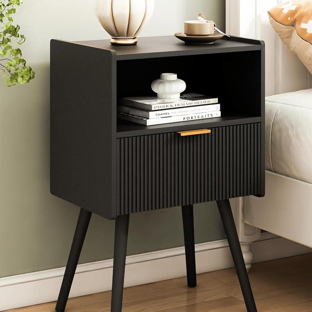 JOONEE Black Nightstand,Modern Bedside Table with Storage Drawer and Open Wood Shelf, for Living Room, Bedroom and Small Spaces, Accent Night Stand with Solid Wood Legs, Easy Assembly,Classic Black