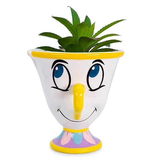 Disney Beauty and The Beast Chip 3-Inch Ceramic Mini Planter with Artificial Succulent | Small Flower Pot, Faux Indoor Plants for Desk Shelf, Home Decor Trinket Tray and Collectibles
