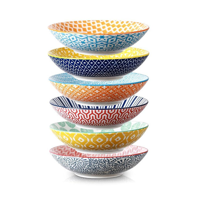 Selamica Ceramic 30oz Large Pasta Salad Bowls 8 Inch Wide and Shallow Soup Bowls, Stackable, Microwave and Oven Safe, Set Of 6, Assorted Colors