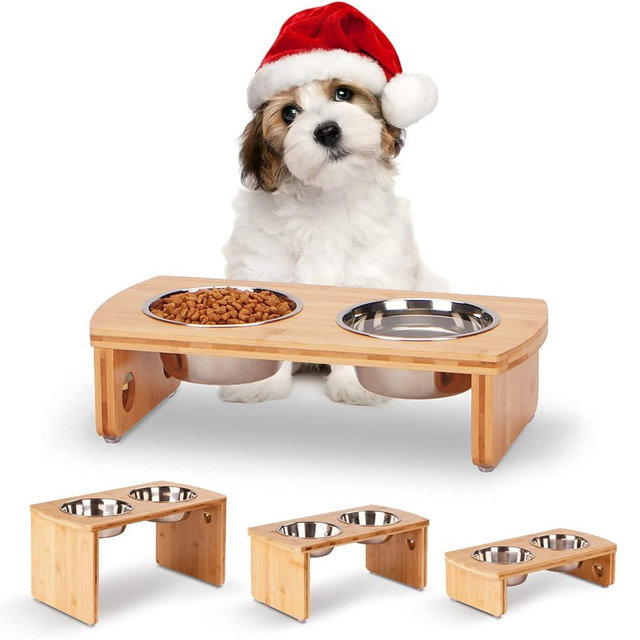 Elevated Dog Bowls, Bamboo Raised Dog Bowl for Small Dogs & Cats, with 2 Stainless Steel Bowls (4'' Tall-20oz Bowl, Natural)