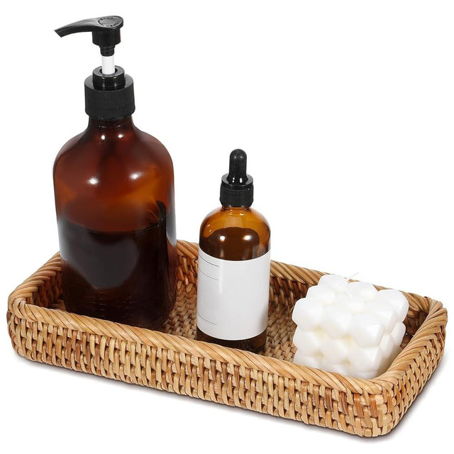 COMNICO Rattan Bathroom Vanity Tray, 10 Inch Natural Water Hyacinth Toilet Tank Baskets Decorative Wicker Vintage Storage Basket Topper Bins for Bathroom Kitchen Countertop Table
