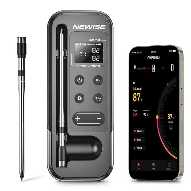 Newise Bluetooth Meat Thermometer with Smart APP, 800FT Wireless Range & LCD Base, Rechargeable Probe, Digital Food Thermometer for BBQ, Grill, Chefs, Air Fryer, Gifts for Men Dad