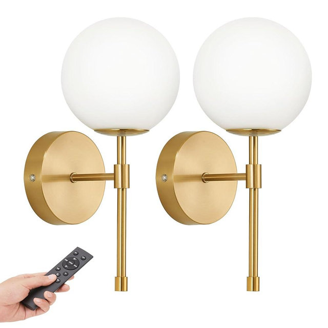 Battery Operated Globe Wall Sconces Set of 2, Brushed Gold Wireless Wall Lights with Remote Control, Rechargeable 3 Color Stepless Dimming Modern Wall Decor Lamp for Bedroom Living Room Hallway