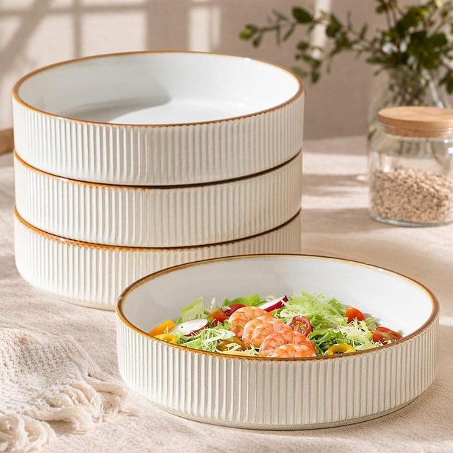 GBhome Pasta Bowls Set of 4, 7.5” Stoneware Dinner & Salad Bowls, Double Reactive Glaze Ceramic Soup Bowls, Stackable, Microwave & Dishwasher Safe, White with Honey-Brown Edge