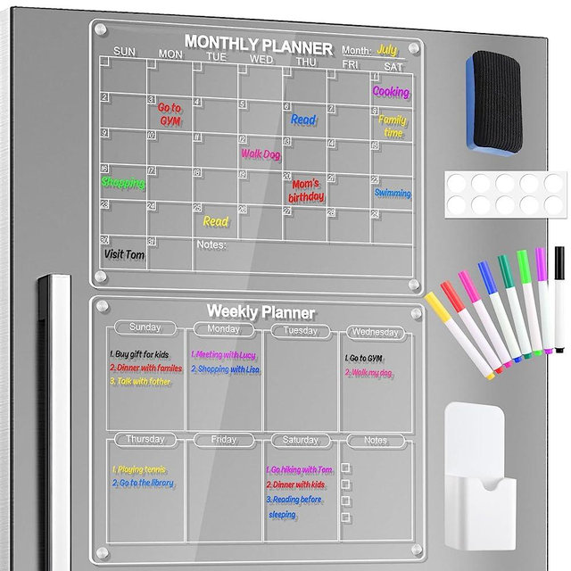 Jibeufi Acrylic Magnetic Monthly and Weekly Calendar for Fridge, Reusable Clear 2 Set Dry Erase Board Calendar for Refrigerator, 16"x12" Whiteboard Planner with 8 Markers Holder