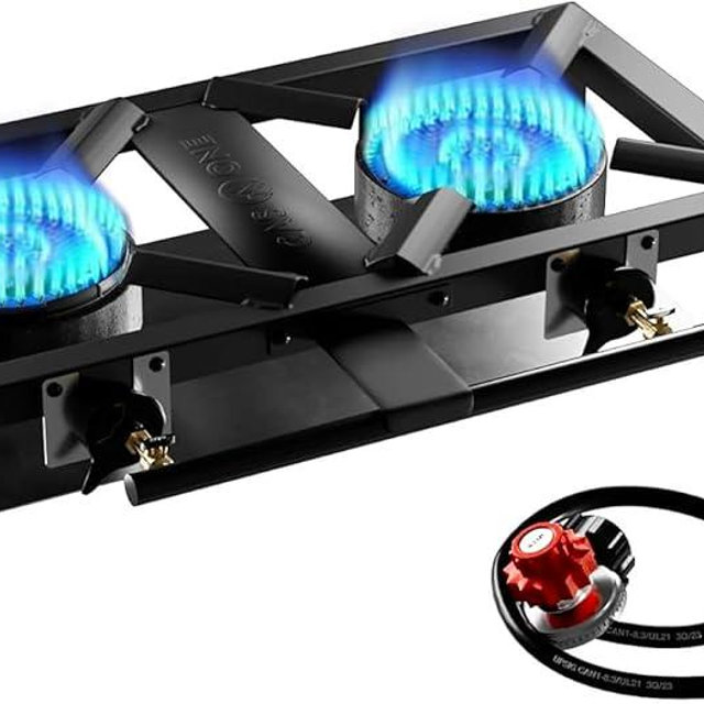 GasOne High Pressure Double Propane Burner - Outdoor Cooking with Heat Shield and Guard – Propane Burner Head for Camping, Tailgating, Seafood Boil, Home Brewing - Patent Pending