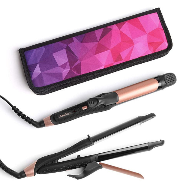 AmoVee 2 in 1 Flat Iron Curling Iron Hair Straightener, Dual Voltage, 1 inch, Carry Bag Included (Black)