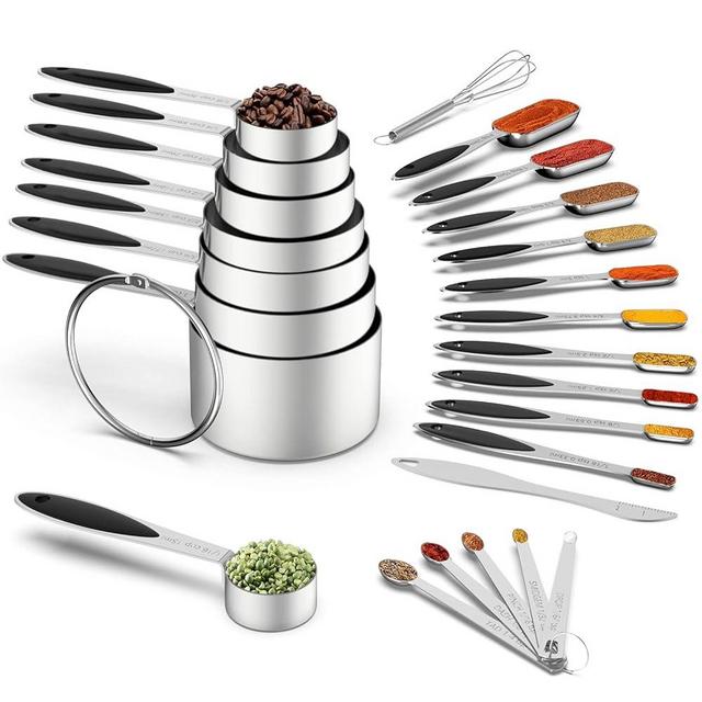 Measuring Cups and Measuring Spoons Set, Wildone Stainless Steel 8 Measuring Cups, 10 Measuring Spoons, 1 Leveler 1 Whisk & 5 Mini Spoons, for Dry and Liquid Ingredient - 25 Piece Black