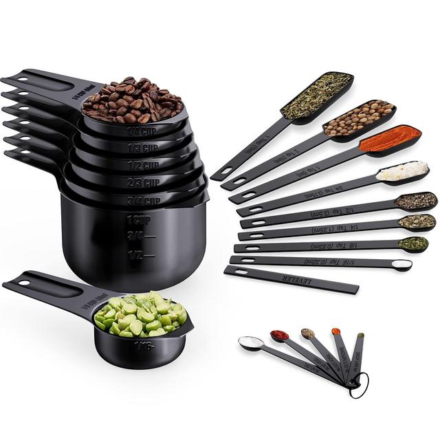 Wildone Black Measuring Cups Spoons Set of 21 - Includes 7 Stainless Steel Nesting Measuring Cups, 8 Measuring Spoons, 1 Leveler 5 Mini Measuring Spoons, Ideal for Dry Liquid Ingredients