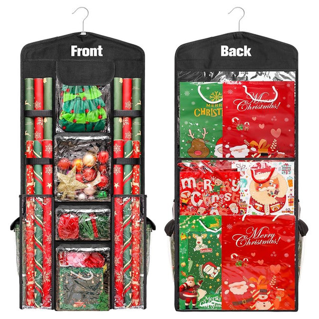 Wrapping Paper Organizer Storage, AHIER Hanging Double-Sided Gift Bag Storage Organizer with Multiple PVC Clear Pockets for Festival Christmas Wrapping Paper Storage(40"x17")