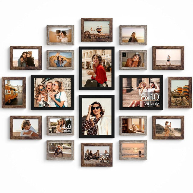Vittanly 20 Pack Picture Frames Collage Wall Decor, Multi Sizes Including 4pcs 8x10, 8pcs 5x7 and 8pcs 4x6 Photo Frames, Gallery Frame Set for Wall or Tabletop Display, Black, Brown and Dark Grey