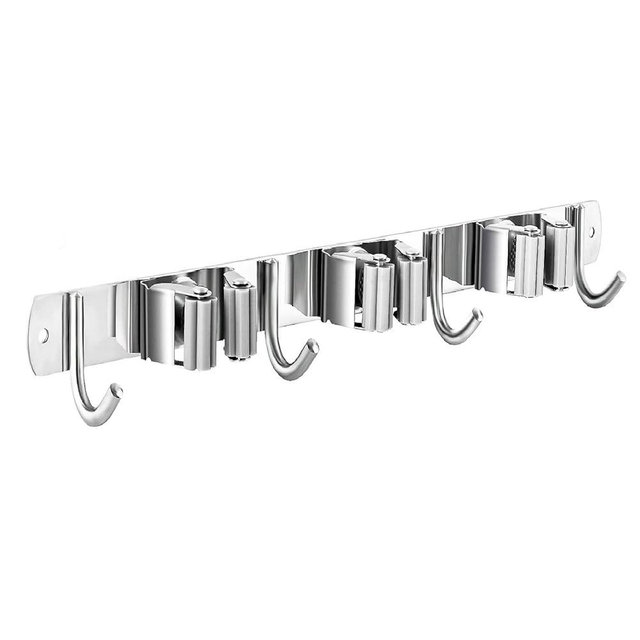 Nuulyycyi Mop and Broom Hanger Wall Mount, stainless steel Broom Hook Organizer Wall Mounted, Heavy Duty Mop Holder Storage Rack - 3 Racks 4 Hooks for hanging brooms and mops