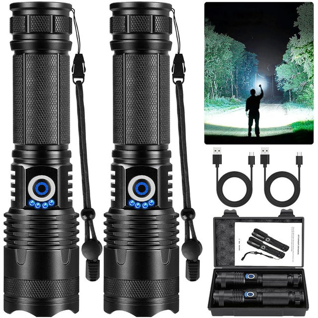 Kmivo Rechargeable Flashlights 3000 High Lumen, 2 Pack Super Bright LED Flashlight with 5 Modes, High Powered Flash Light for Home, Camping, Outdoor, Emergencies, Hiking
