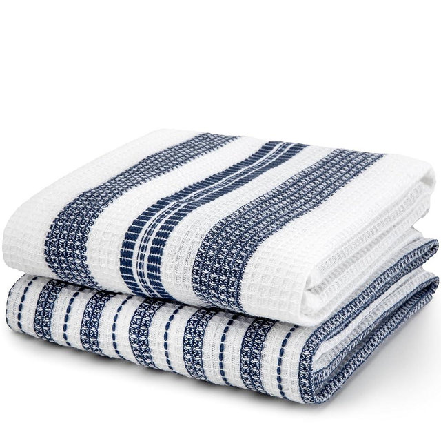Sticky Toffee Waffle Weave Kitchen Towels Set of 2, White and Blue Stripes, 25 x 15 in, Absorbent Cotton Hand and Dish Towels, Oeko-Tex Tea Towels