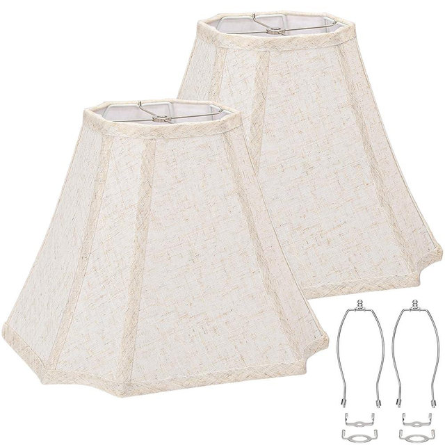 Square Cut Corner Bell Lamp Shades Set of 2, 6.5" x 13"x 10.5" Medium Beige Lampshades Natural Linen Hand Crafted, Include 2 Pack Lamp Harps, Suitable for E26 and Saddle Base, Easy Assembly Required