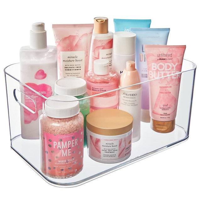 STORi Bliss 12"x 8" Open Compartment Clear Plastic Organizer | Rectangular Makeup & Vanity Container & Pantry Storage Bin with Pass-Through Handles | Round Corner Design | Made in USA