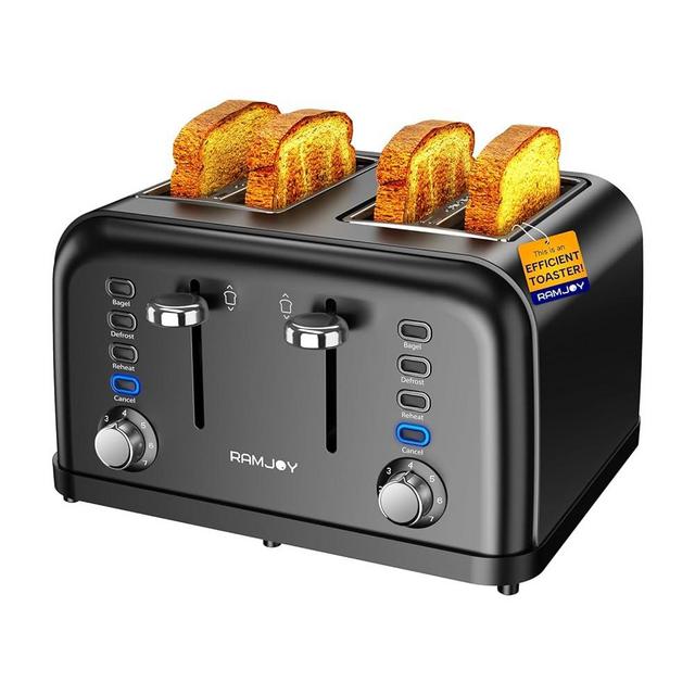 RAMJOY Black Toaster 4 Slice, Dual Independent Controls, Extra Wide Slot Toasters for Bagel, Bread, Waffles, 7 Shade Settings, 4 Main Functions, Removable Crumb Tray, 1500 Watts, Black Stainless Steel