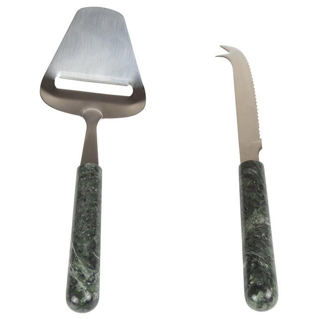 Creative Home Genuine Green Marble 2 Piece Serving Set with Solid Marble Handle Includes Stainless Steel Cutter Slicer and Cheese Knife, 3" W x 9" L, Green