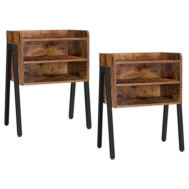 HOOBRO Nightstand Set of 2, Stackable End Table with 2 Open Front Storage Compartments, 3 Tier Bedside Tables for Small Spaces, Wood Look Accent Table with Metal Frame, Rustic Brown BF02BZP201