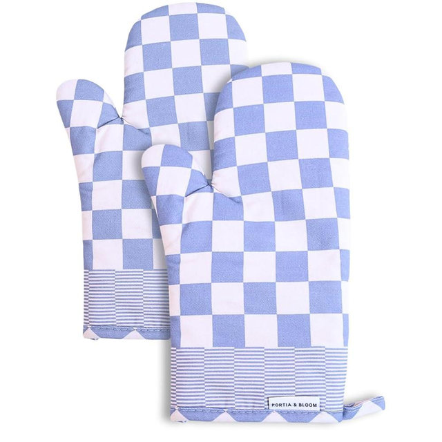 Portia & Bloom Oven Mitts Heat Resistant 12" x 5.5" Checkered Oven Mitts, Cotton Oven Mits, Oven Mits/Glove Set or Cute Kitchen Mittens, Retro Kitchen Oven Mitt Set (Blue)