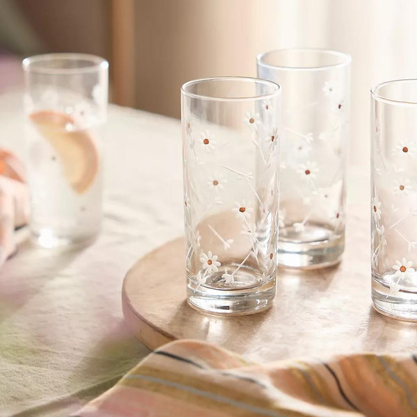 Daisy Etched Juice Glasses, Set of 4