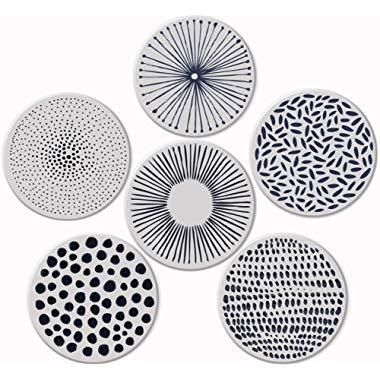 Pandoza Absorbent Coasters For Drinks - Grey Lines On LARGE Ceramic Stone With Cork Backing, Drink spills Thirsty Coaster Set of 6 No Holder, OVERSIZE BETTER Protects Furniture From Damage