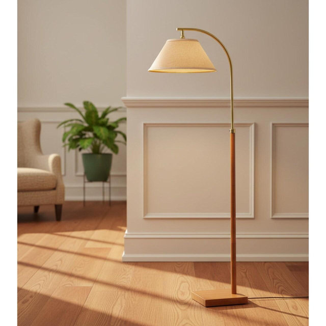 Mid Century Modern Wood Floor Lamp with Foot Switch, Tall Standing Arc Lamp with Linen Shade, Industrial Reading Floor Lamp for Living room