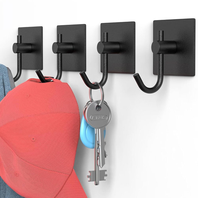 VAEHOLD 4 Pack Wall Hooks, Heavy Duty Sticky Holder Waterproof Aluminum Towel Hooks for Hanging Coat, Hat, Key, Clothes, Closet Hook Wall Mount for Kitchen, Bathroom, Office（Black）