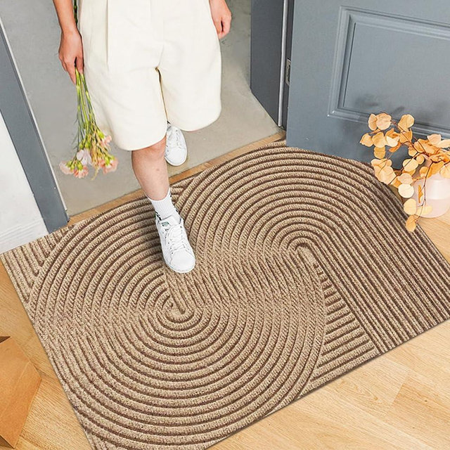 Bilimili Door Mat Indoor Outdoor Front Door Entrance, Water, Stain and Dirt Resisitant Doormat, Low-Pile Non-Slip Sturdy Welcome Mats, 17"×30", Khaki (Spiral Pattern)