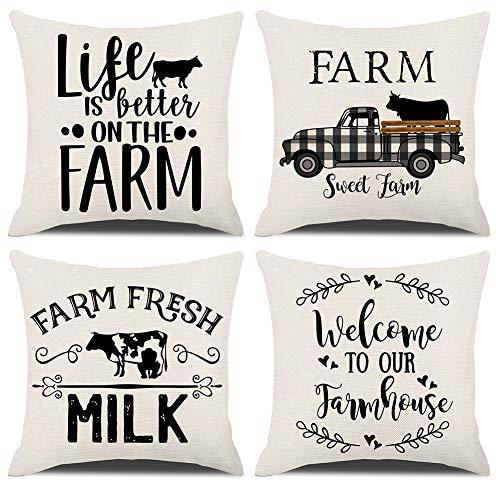 KACOPOL Rustic Farmhouse Quote Pillow Covers Farmhouse Decorative Throw Pillow Case Cushion Cover with Words 18" x 18" Set of 4 Welcome to Our Farmhouse, Farm Sweet Farm, Farm Fresh Milk