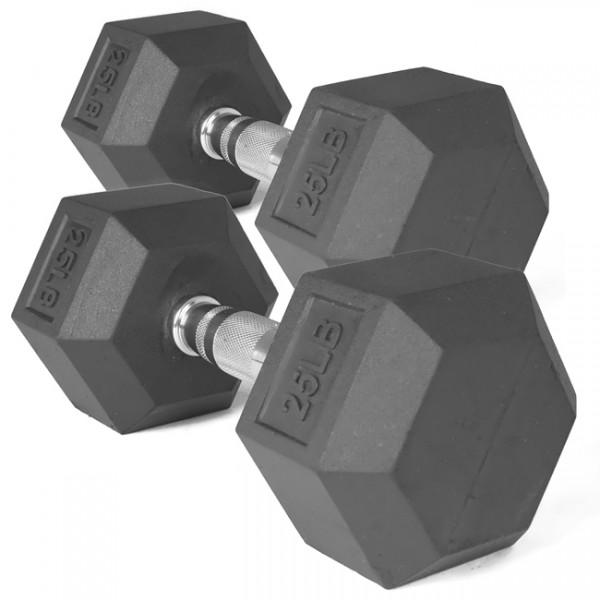 Pair of 25 lb Black Rubber Coated Hex Dumbbells