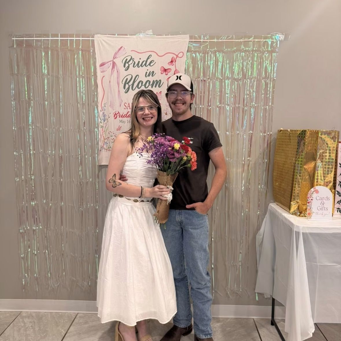His surprise flowers at the bridal shower!