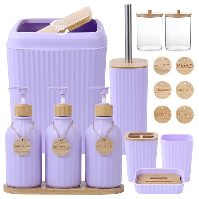 Light Purple Bathroom Accessories Set 17PCS Bathroom Set with Trash Can 3PCS Lotion Soap Dispenser, Toothbrush Holder, Soap Dish,Tumbler Cup,6PCS Wood Tags Bath Accessories with Tray for Bathroom